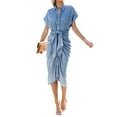 thumbnail image 2 of Robe Chemise en Denim d'Été pour Femmes Manches Courtes Boutonnée Ceinture Froncée Robe Midi Décontractée Mode Urbaine, 2 of 4