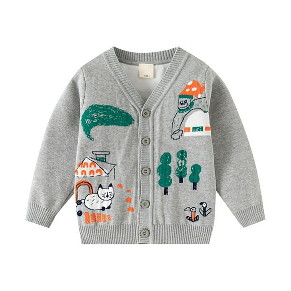 Glisme Cardigan en Tricot pour Garçons Enfants Mode Motif de Dessin Animé Veste Cardigan en Tricot pour Tout-Petits et Enfants Doux Confortable Manteau Thermique Unisexe Haut de Loisirs Vêtements Gris, 6-7 Ans