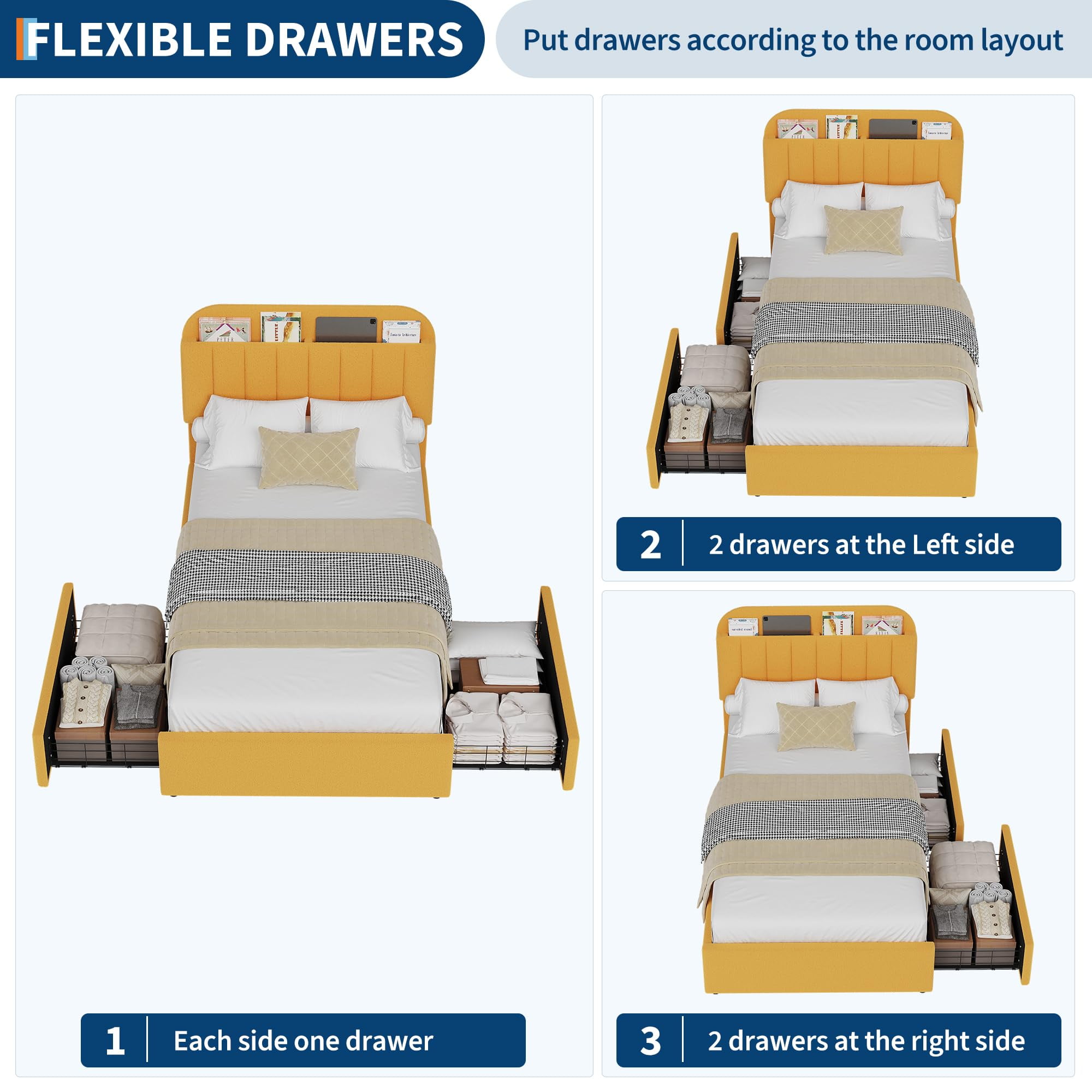 Twin Upholstered Platform Bed with Storage Headboard & Drawers – Boucle Bed Frame, Modern Design, No Box Spring Needed, Easy Assembly- Twin Size, Yellow