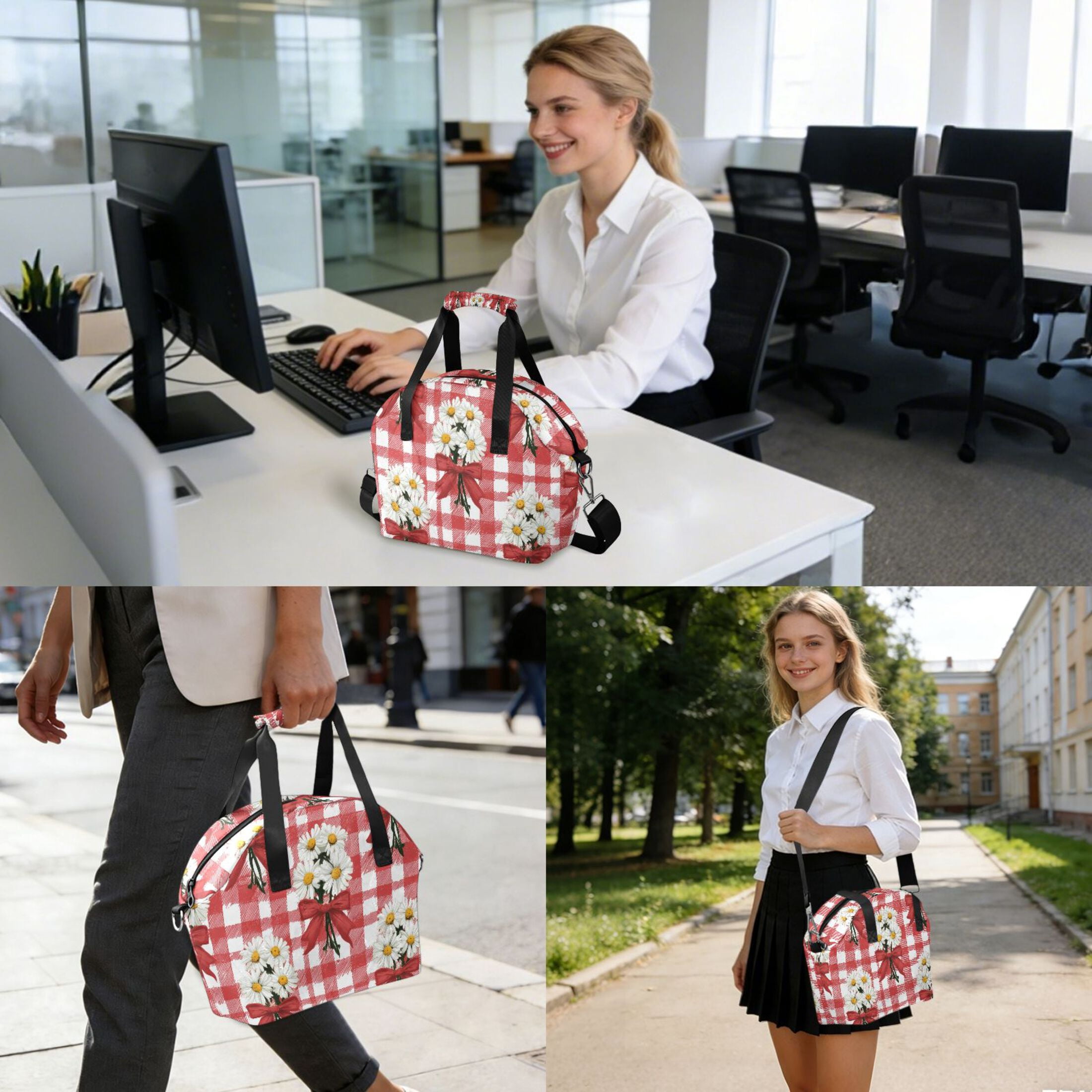 Red Plaids with Red Bows White Flowers Insulated Lunch Bag Reusable Quilted Lunch Box Waterproof Leakproof Lunch Container