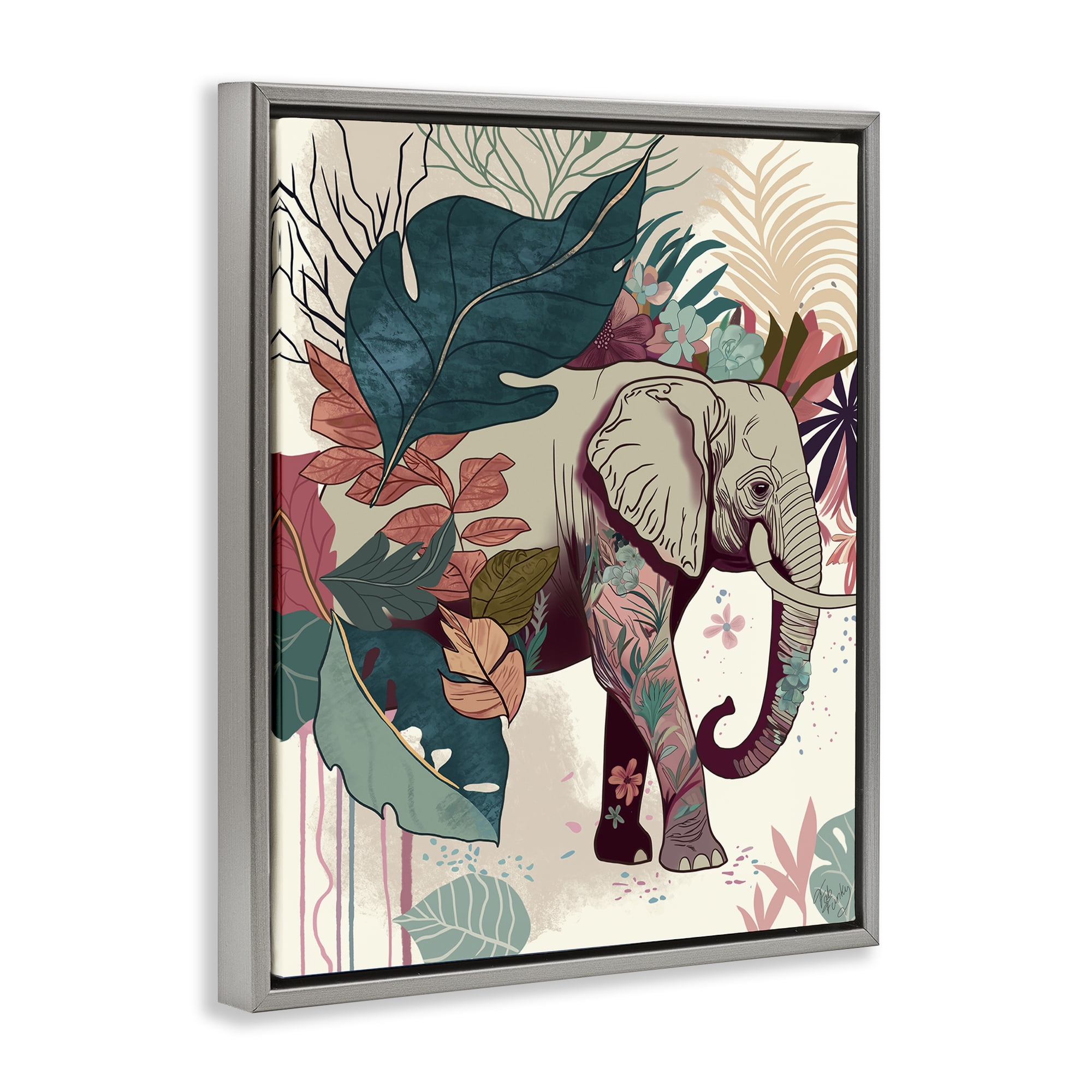 Stupell Industries Elephant & Tropical Leaves Animals & Insects Painting Gray Floater Framed Canvas Art Print Wall Art, 25 x 31