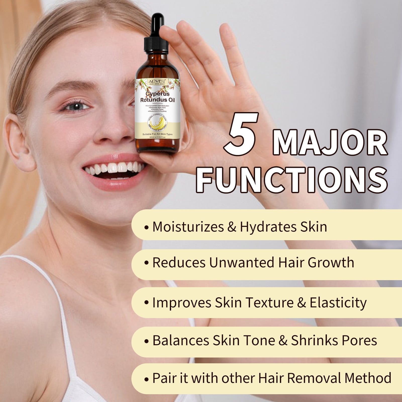 ALIVER Pure Cyperus Rotundus Oil 60ml for Hair Removal, Natural Reduce Body Hair, Skin Tone Balancer with Sweet Almond & Aloe Vera
