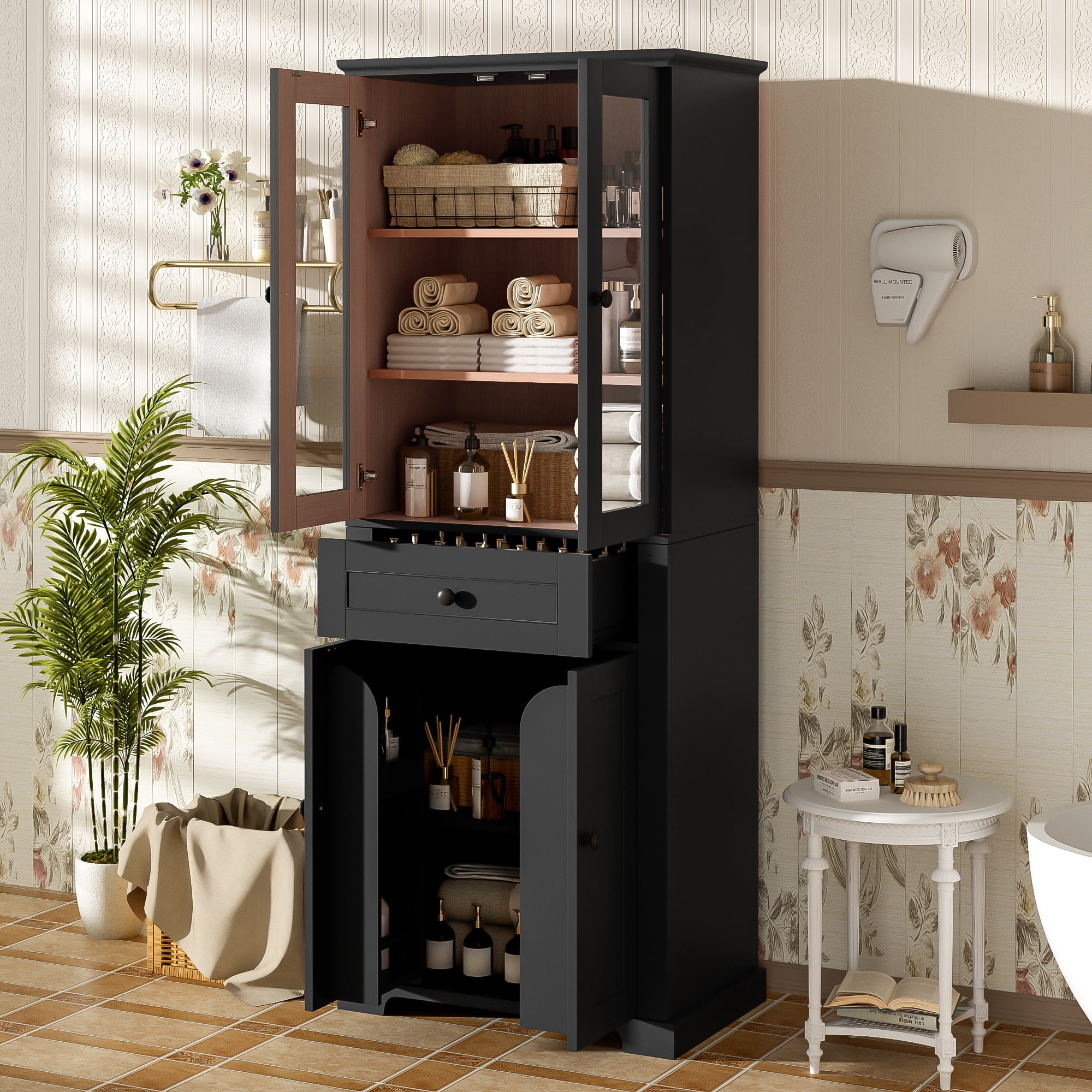 Euroco 67.2" Tall Bathroom Storage Cabinet with Tempered Glass Doors, Adjustable Shelves & Drawer – Modern Freestanding Linen Tower, Soft-Close Design