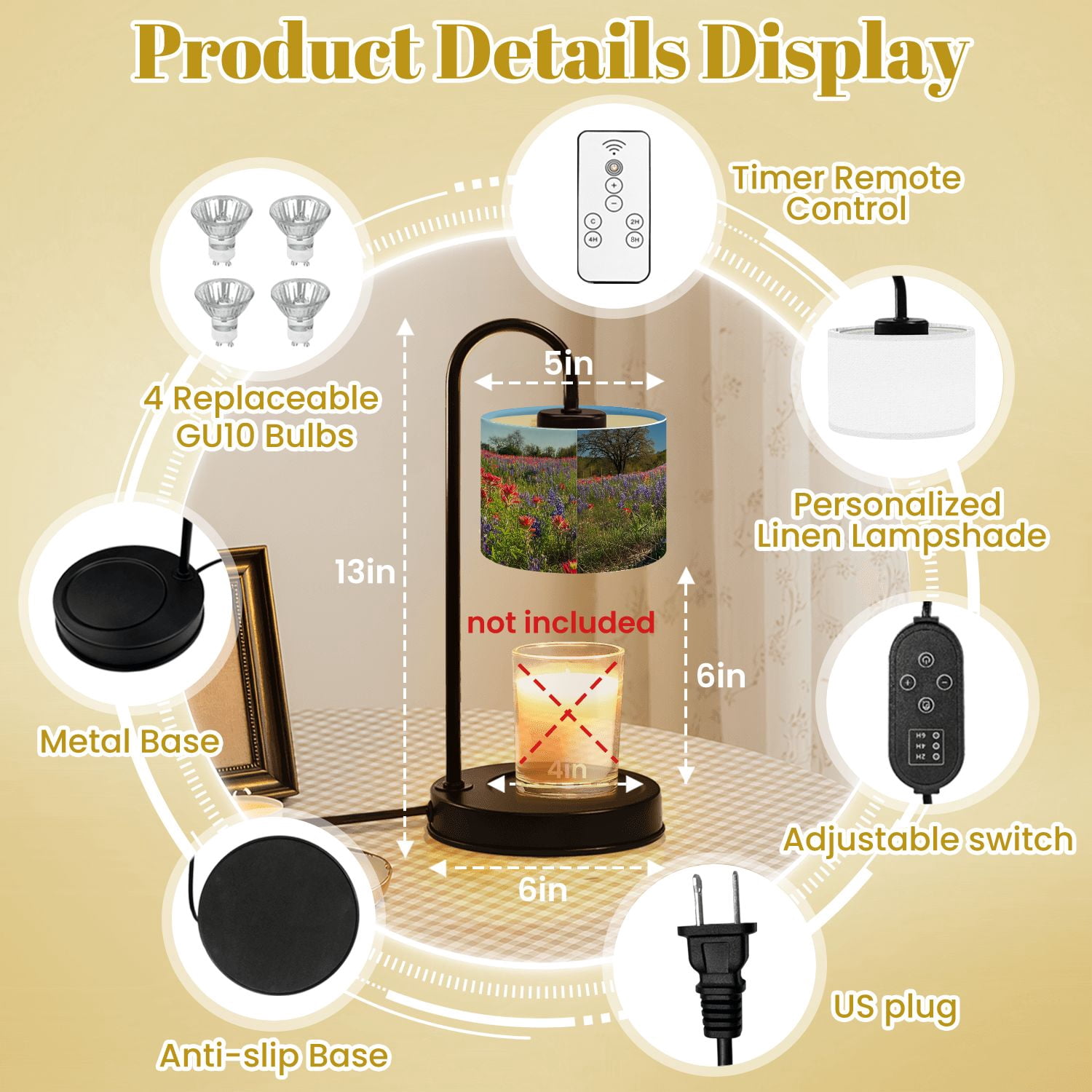 Candle Warmer Lamp with Timer Dimmer Bluebonnets Paintbrush wildflowers color Texas Hill Country Candle Lamp Warmer for Jar Candle with 4 Bulbs Gifts for Women House Warming Gifts