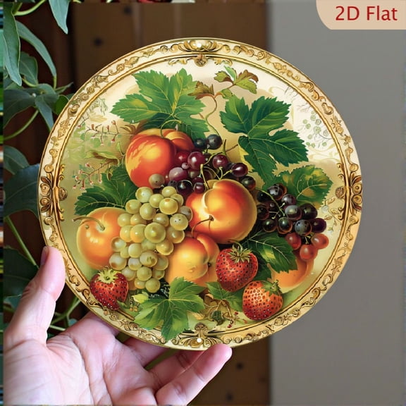 Decorative Round Aluminum Wall Art Plate, Ornate Fruit Still Life Print, 8x8 Inch Vintage Baroque Style Kitchen and Dining Room Metal Decor