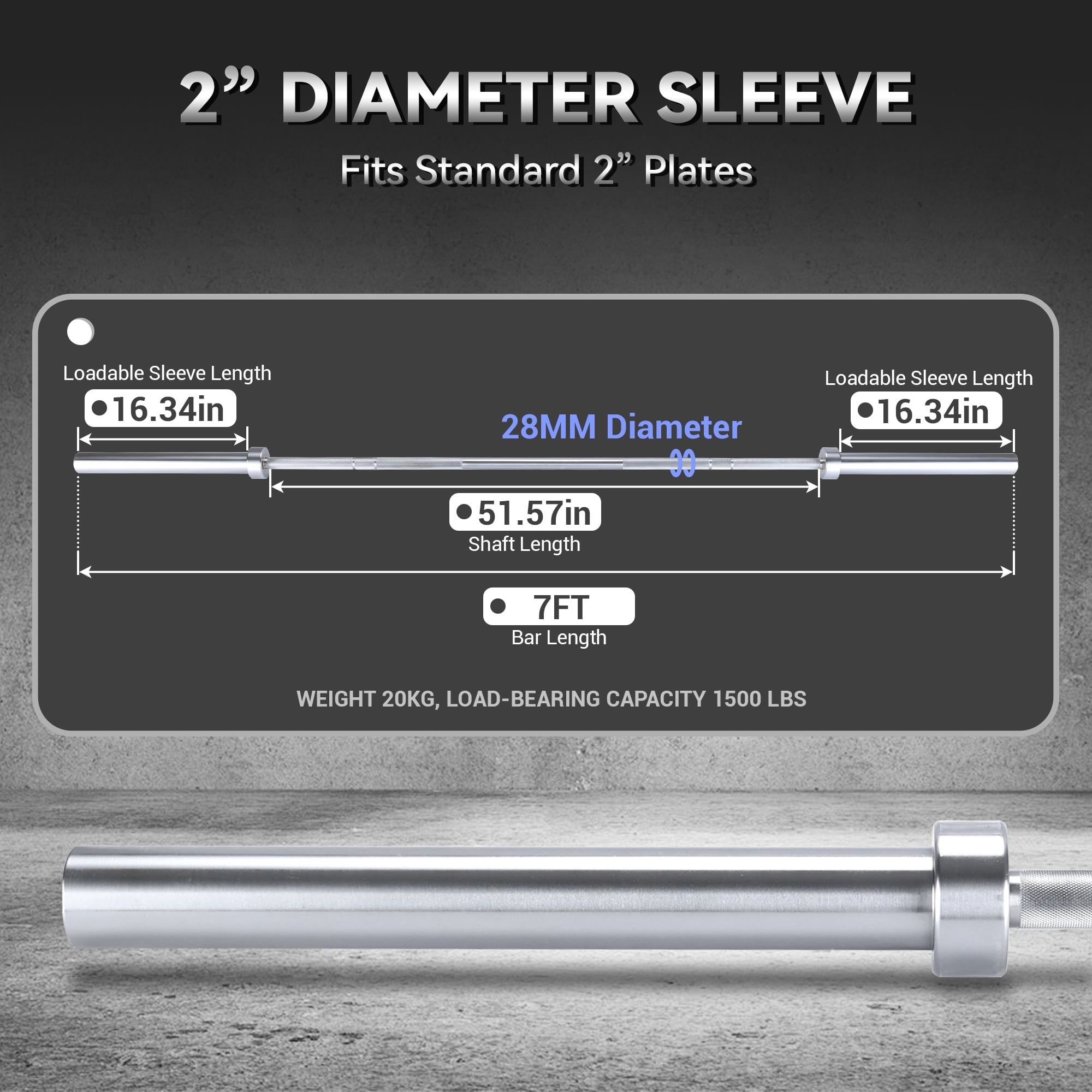 COZONY 7 Ft Silver Barbell , 2 Inch Sleeve Diameter, 1500LB Capacity Strength for Squats & Deadlifts