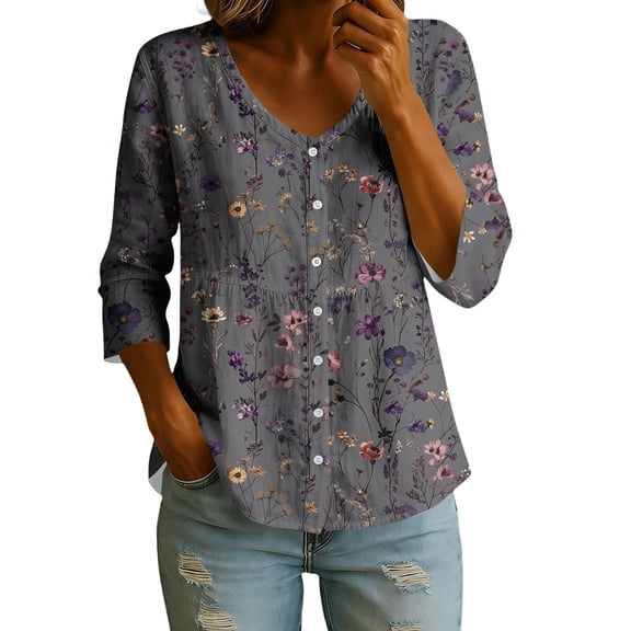 cocolona Summer Tops for Women 3/4 Sleeve V-Neck Printed Button Shirts Dressy Casual Loose Fit Blouses