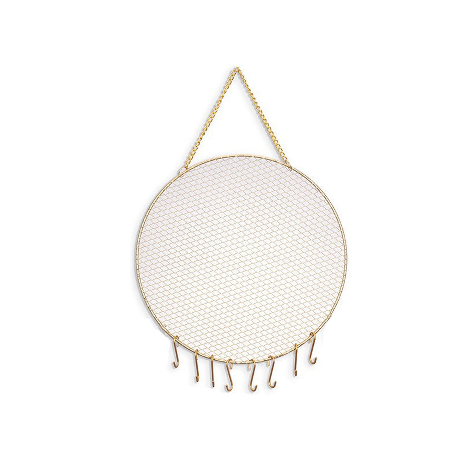 Seyotauo Gold Plated Metal Mesh Wall Mounted Jewelry Organizer, Round Hanging Earring Bracelet Display Stand, Modern Grid Rack for Bedroom Dressing Table, Closet, Nail Salon, Boutique