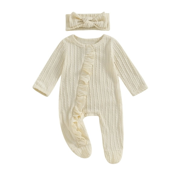 BABAMOON Newborn Baby Girls Spring Autumn Jumpsuit Long Sleeve Solid Color Ruffle Romper with Headband Set