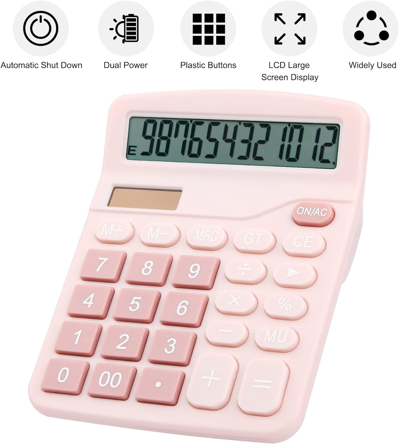 Desk Calculator, 12-Digit LCD Display Office Calculator – Dual Power, Compact and Lightweight, Easy-to-Read Display, Durable for Business, School, Home (Pink)