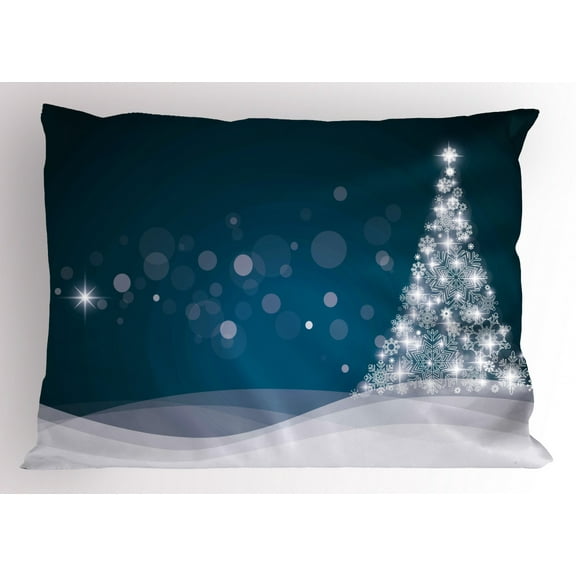 Christmas Pillow Sham Fantasy Backdrop Abstract Xmas Tree Dreamlike Snowflakes Dots Wintertime, Decorative Standard King Size Printed Pillowcase, 36 X 20 Inches, Dark Blue White, by Ambesonne
