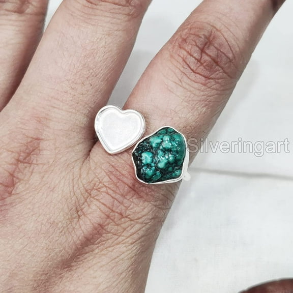 Tibetan Turquoise Ring, Rough Turquoise Ring, December Birthstone, Heart Adjustable Ring, 925 Sterling Silver, Womens Ring, Christmas, Thanksgiving, Handmade, Statement Jewelry, Rough Gemstone Jewelry