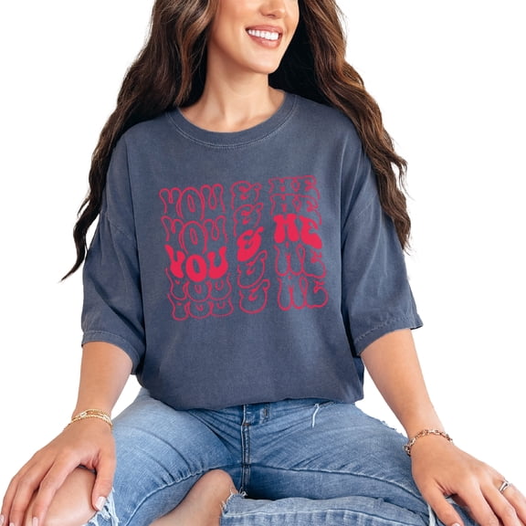 You & Me, Valentines Day or Couples Themed, Groovy Retro Wavy Text, Denim Comfort Colors T-Shirt, Small
