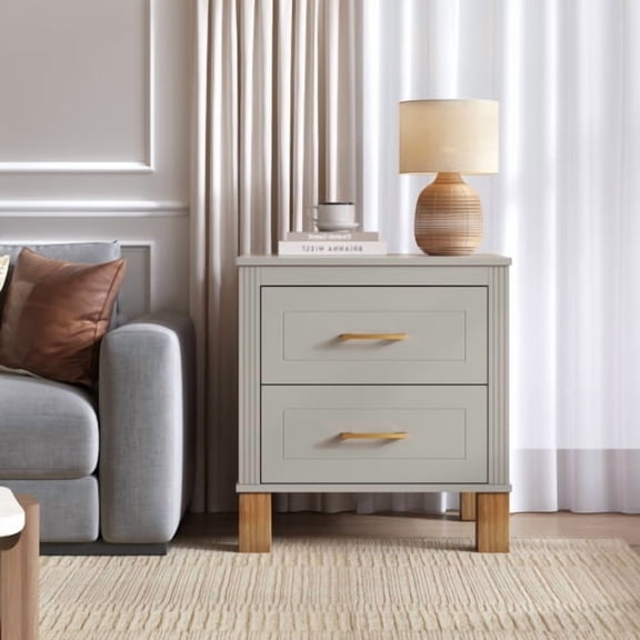 DRNANLIT 2-Drawer Nightstand with Fluted Design, Gray Premium Wood Bedside Table with Solid Wood Legs & Metal Handle