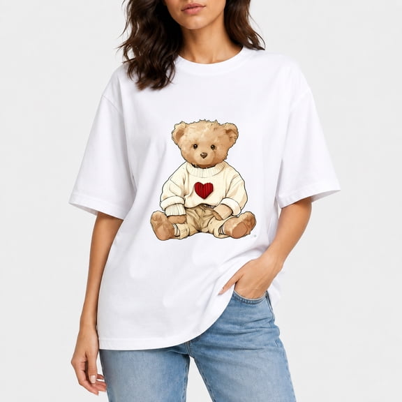 Women Oversized Cotton T‑Shirt, Cute Teddy Bear Wearing Knit Sweater With Red Heart Warm Sweet Gift‑Theme Drop‑Shoulder Casual Tee