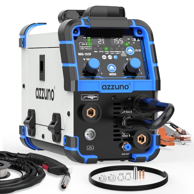 Máquina de Soldadura MIG AZZUNO 110V/220V, 155Amp 5 en 1 Gas MIG/MIG de Aluminio/MIG sin Gas con Flux/LIFT TIG/Soldadura con Electrodo, Soldadora Mejorada con Alimentador de Alambre