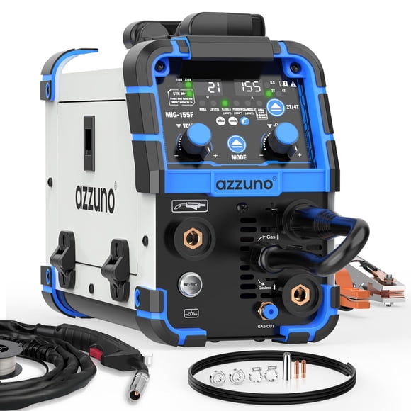 Máquina de Soldadura MIG AZZUNO 110V/220V, 155Amp 5 en 1 Gas MIG/MIG de Aluminio/MIG sin Gas con Flux/LIFT TIG/Soldadura con Electrodo, Soldadora Mejorada con Alimentador de Alambre