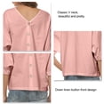 thumbnail image 4 of Mujeres Abajo Camisas De Lino Botón Delantero Manga Corta Blusa Con Cuello En V Color Puro Versión Suelta Rosa S, 4 of 5