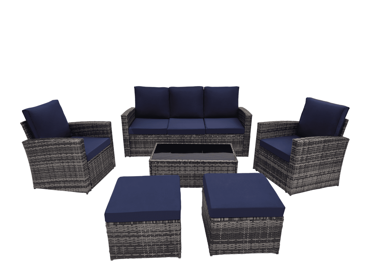 Howcool 6-Piece Patio Furniture Set,Wicker Outdoor Rattan Sectional Sofa with Cushions and Glass Table,All-Weather Outdoor Conversation Set for Garden,Porch,Backyard,Patio,Gray+Blue