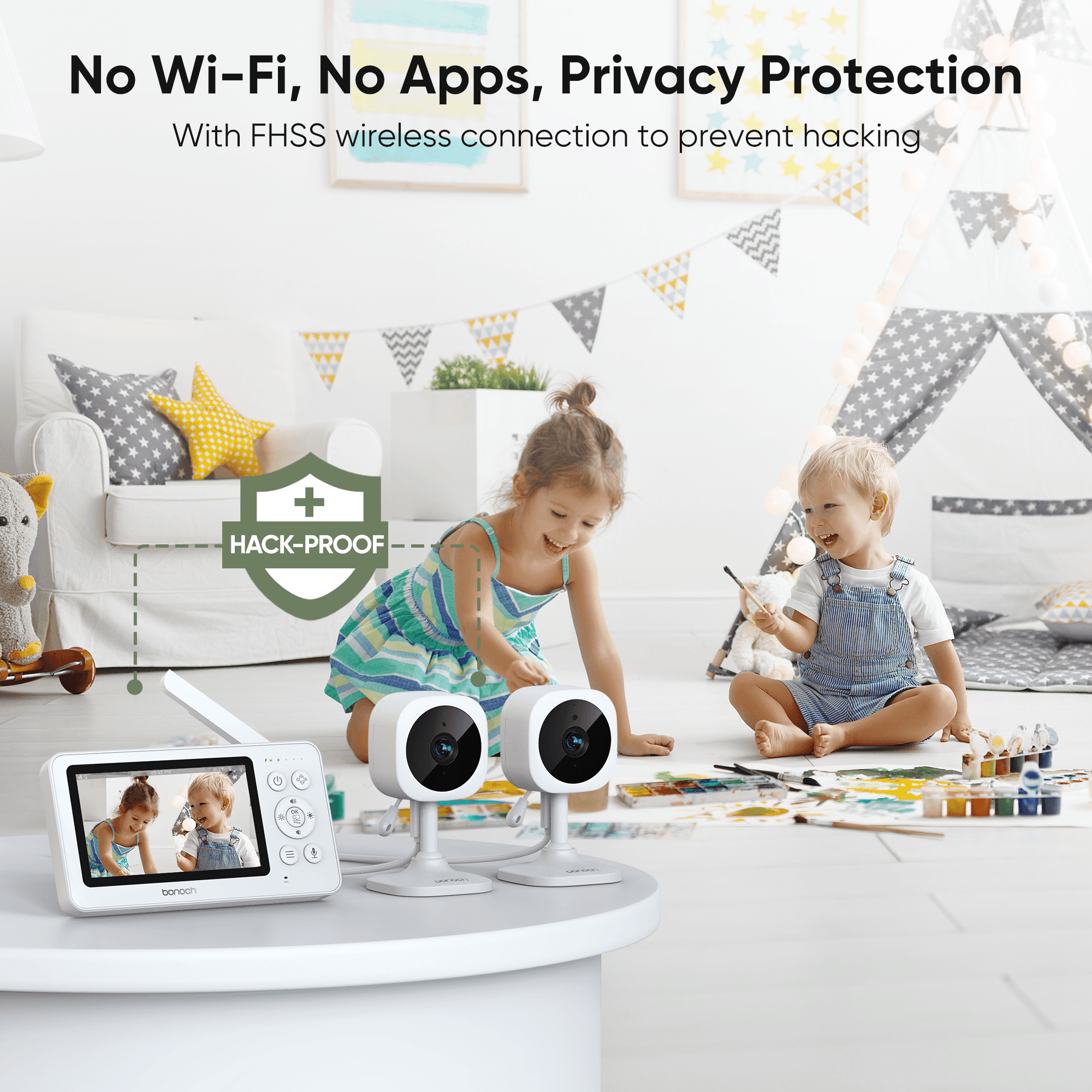 bonoch 4.3" Baby Monitor with 2 720p Video LCD Display Cameras with 23Hour Battery, VOX Mode, 2-Way Audio, Auto Night Vision