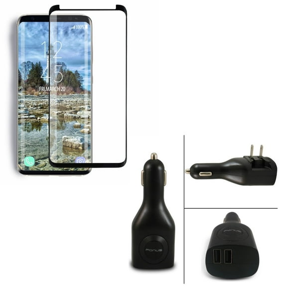 Compatible With Samsung Galaxy S9 - 5D Tempered Glass Screen Protector w 2-in-1 Rapid Car Home Charger Power Adapter Dual USB Port