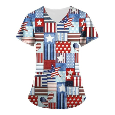 

Sksloeg Scrub Top for Women Fashion 2023 American Flag Print V-Neck Workwear with Pockets Shirts Nursing Working Uniform Wine XXXXL