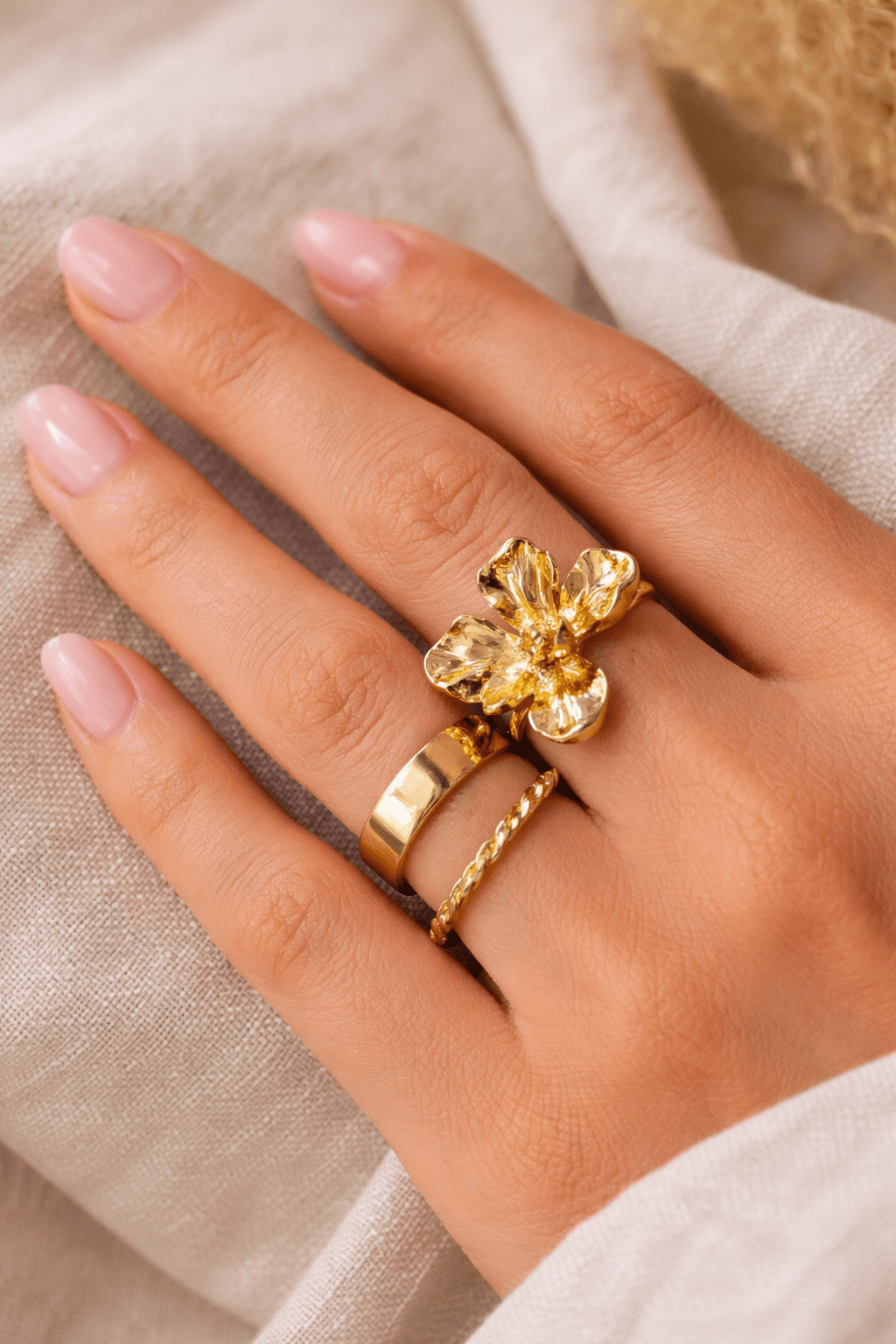 Time and Tru Gold Flower Statement Rings for Female Adults and Teens, 3 Pack