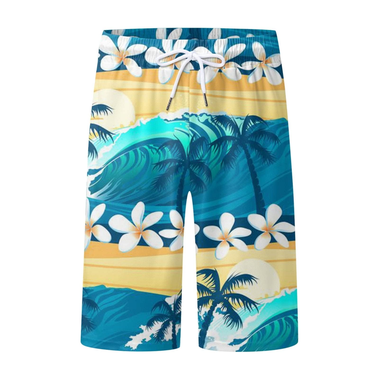 Xysaqa Mens Hawaiian Beach Shorts, Elastic Waist Tropical