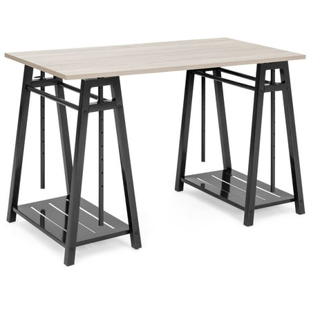 Office Desk Height Bridge Best Choice Products Multipurpose Adjustable Height Sit to Stand Home Office Desk w/ Reclaimed Wood Finish, Steel Frame, Shelves - Brown ()