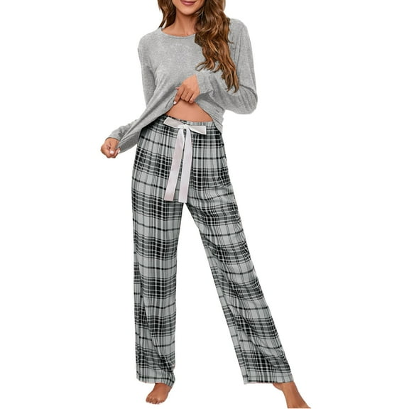 ZSQDM Womens Pajamas Set Women's Solid Color Round Neck T Check Printed Women's Casual Set Homewear Pajamas Top   Pants Set Grey XXXL