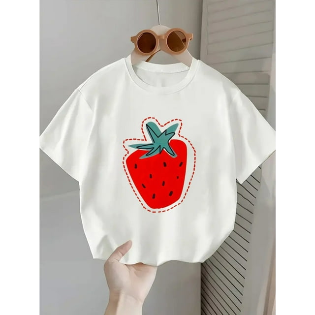 T-Shirt à Manches Courtes pour Fille - Imprimé Fraise, Haut Décontracté / Tissu Extensible Doux, Col Rond, Lavable en Machine / Tenue Décontractée Printemps Été, Vêtement Facile d'Entretien / Design Amusant / Style Chandail