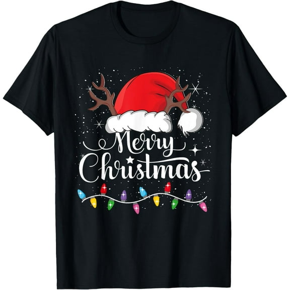 Merry Christmas Red Santa Hat Reindeer Xmas Family Men Women T-ShirtMen and women, Black T-shirt, size: Extra large S-4XL