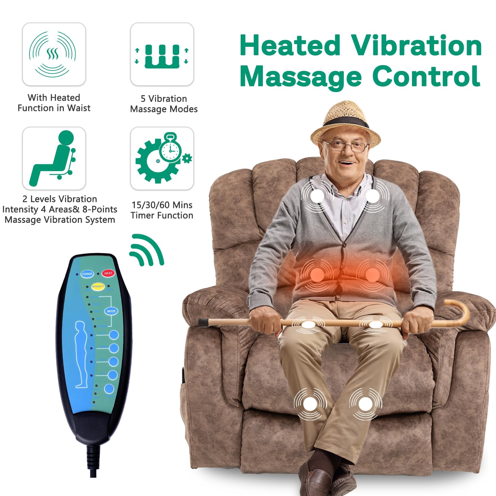 VIVIJASON Large Power Lift Recliner Chair with Heat & Massage for Elderly Big People, Overstuffed Wide Electric Lift Chair with Extended Footrest, 2 Remote Controls, Side Pockets & USB Ports, Brown