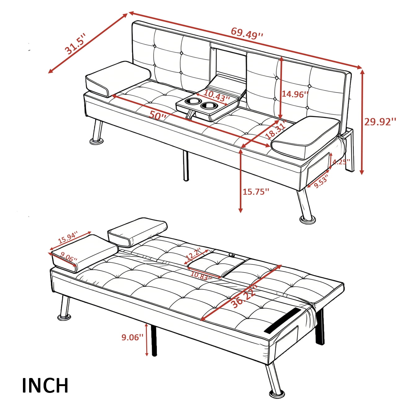 BSHTI 69.49" Convertible Futon Sofa Bed with Drop Down Cup Holders, 5-Position Adjustable Backrest, Side Storage Pocket, Removable Arm Cushions for Small Space,Black