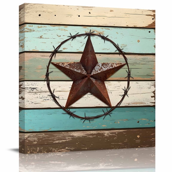 Wall Art Prints, Texas Star Western Framed Canvas Prints for Bedroom Living Room Bathroom Office, Vintage Teal Brown Wooden Farmhouse Gallery Wrap Wall Art Poster for Gifts Home Decor 12"x12"