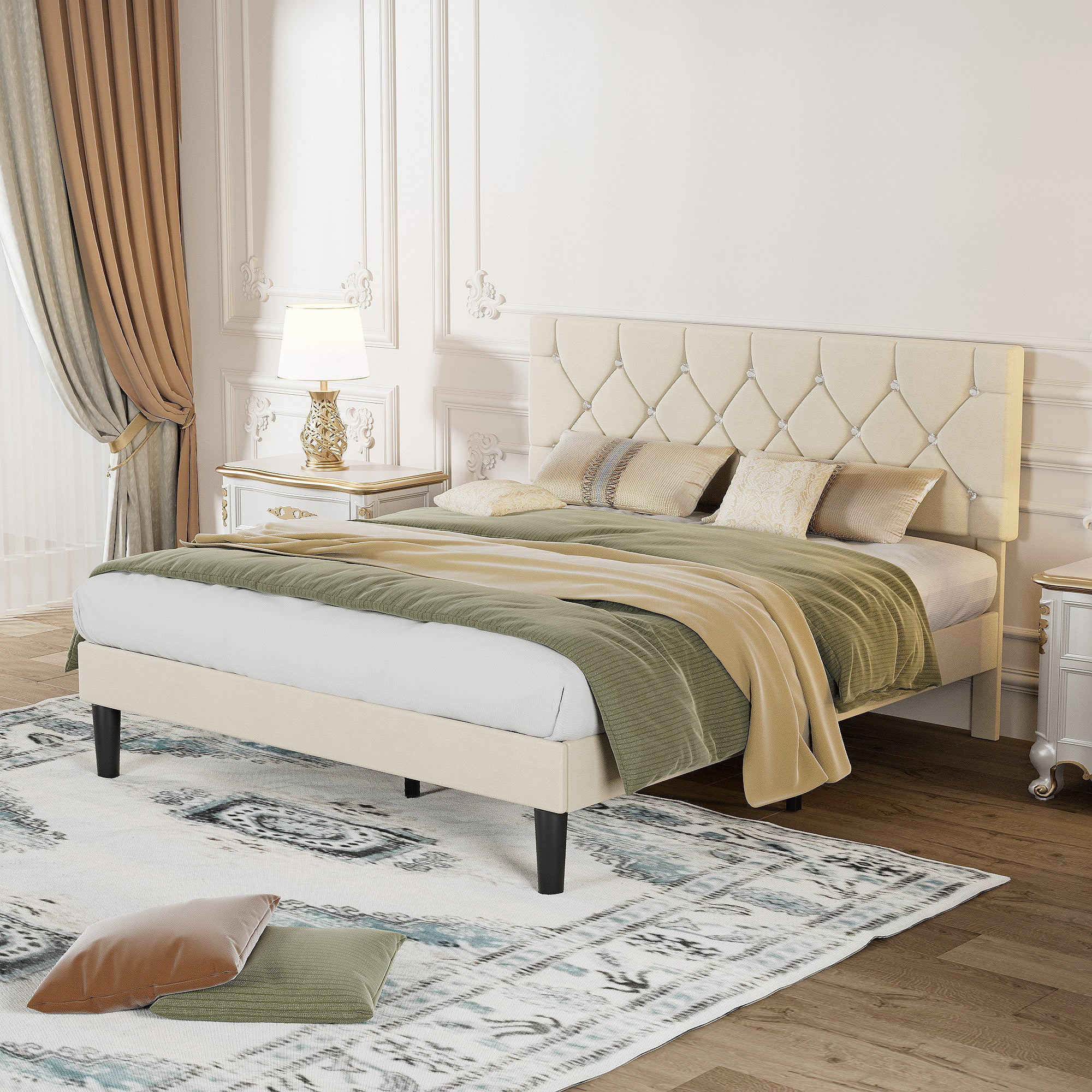 VECELO Queen Size Upholstered Bed Frame, Modern Platform Bed Frame with Diamond Tufted Headboard, No Box Spring Needed, Easy Assembly, Beige