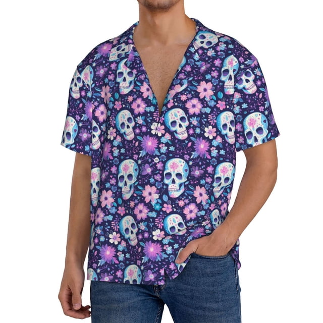 Balery Skull Purple Flower Camisa Casual de Manga Corta con Botones para Hombre, Texturizada, Estilo Cubano, para Playa, Verano-X-Large