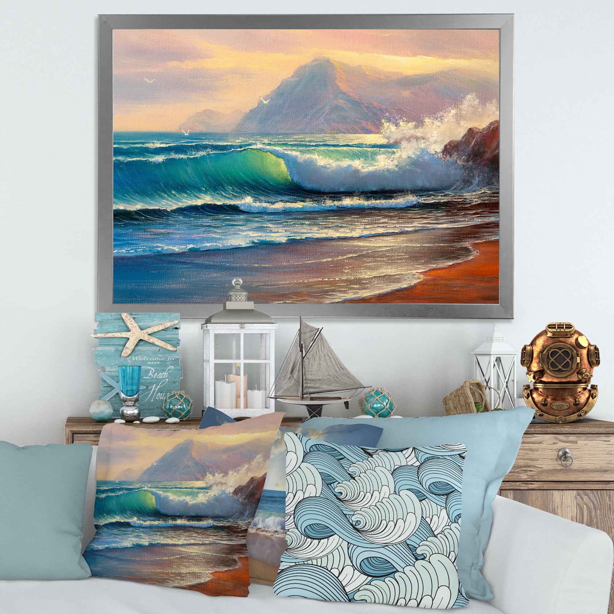 Designart 'Sunrise Glow On The Sea Waves III' Nautical & Coastal Framed Art Print