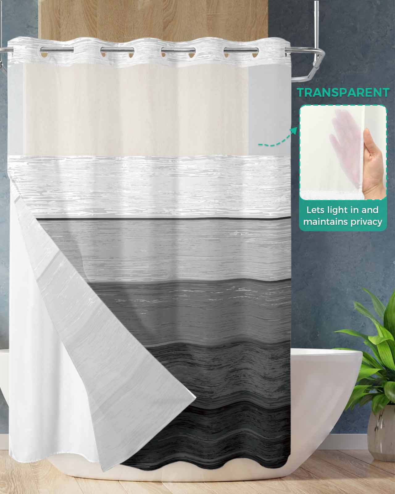 No Hook Shower Curtain with Snap in Liner, Dark Grey Striped Gradient Rustic Wood Board Hotel Shower Curtains for Bathroom, Washable Shower Curtain Liner Set with Mesh Top Window, 72"x96"