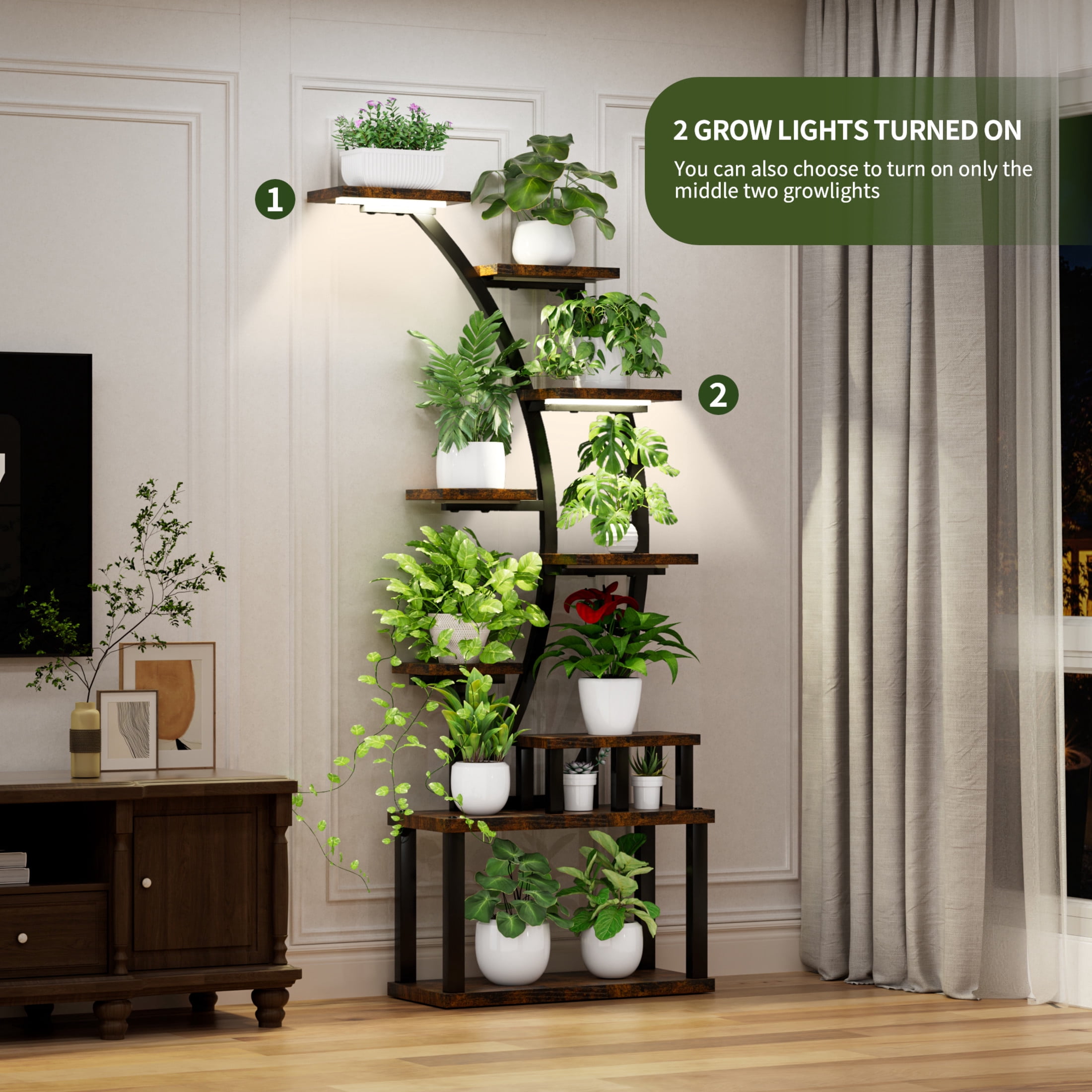 Noble House 64" 9-Tier Half-Moon Indoor Plant Stand, Wood Multi-Plant Display Rack with 5 Grow Lights, Rustic Brown