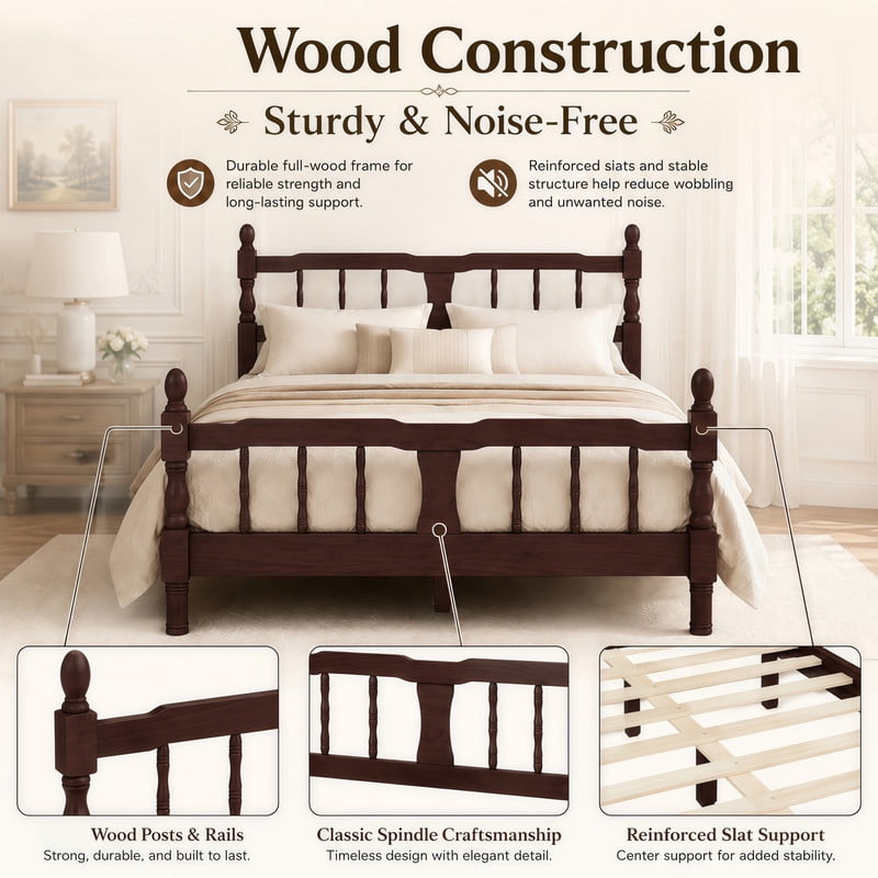 Euroco Wood Full Size Platform Bed Frame, Classic Farmhouse Bed Frame with Spindle Headboard, Dark Walnut