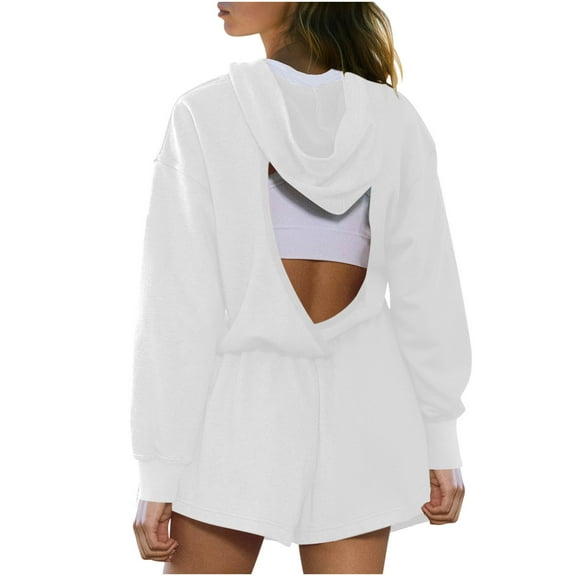 KyCheLot Womens Jumpsuit Short Fall Hooded Long Sleeve Back Hollow out Loose Sweatsuits Clothes