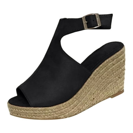 

hgwxx7 womens ladies fashion solid wedges casual buckle strap roman shoes sandals shoes for women black 40