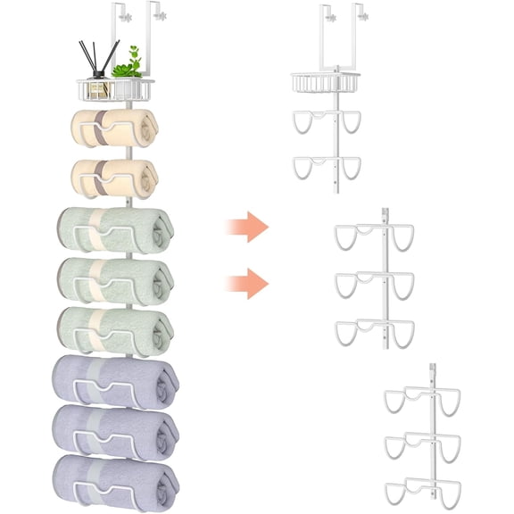 X-cosrack Adjustable Hooks 9-Tier Over The Door Towel Rack, Wall Mounted Metal Towel Holder, Hanging Rolled Towel Organizer for Bathroom Storage Organizer-White