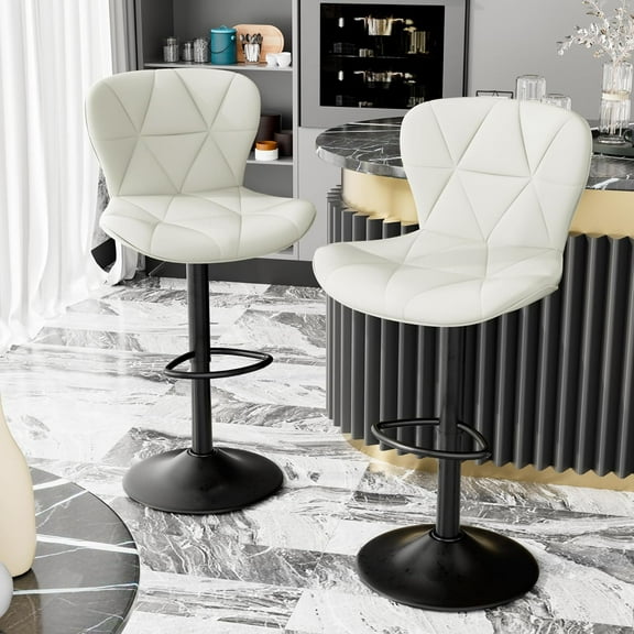 Bar Stools Set of 2, Modern Faux Leather Adjustable Swivel Barstools, Counter Height Chairs with Back and Footrest for Kitchen Island, White