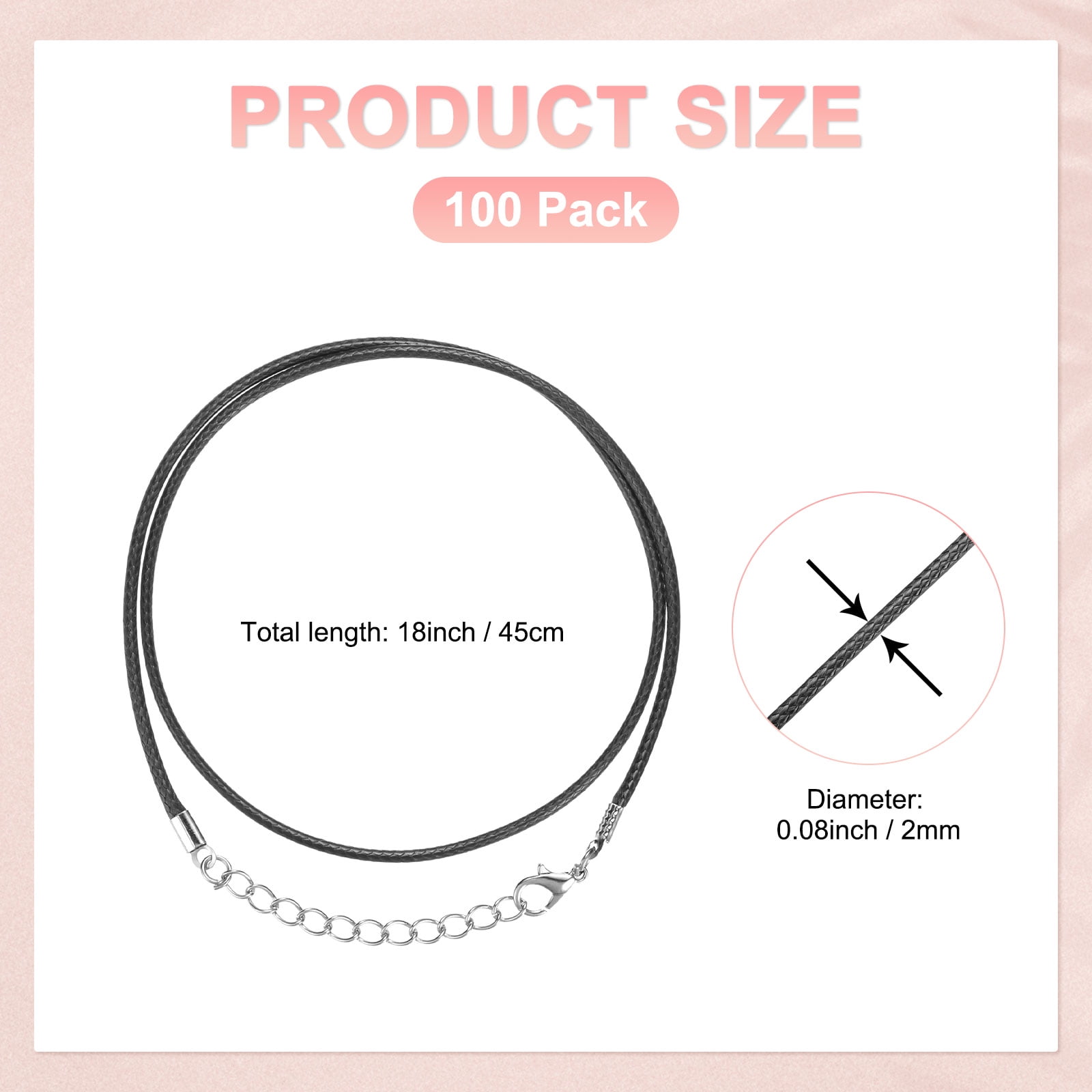 100 Pack 18" Waxed Necklace Cord, Bracelet Cord with Lobster Clasp 2mm Bulk Necklace String Rope for Pendants, Bracelets, Jewelry Making Supplies, DIY Beading Supplies[Black]