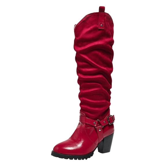 YLYL Women's Slouchy Knee High Boots Chunky Heel Pointed Toe Pull on Fall Winter Riding Boots with Buckle