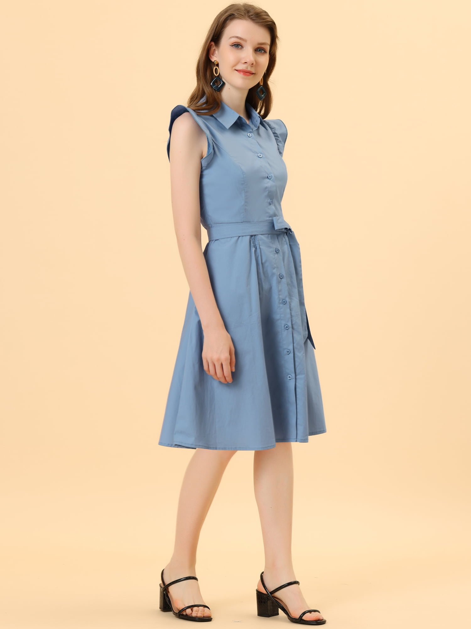 DARING DIVA Ruffled Sleeve Button Down Belted Knee Length Shirt Dress L Dusty Blue