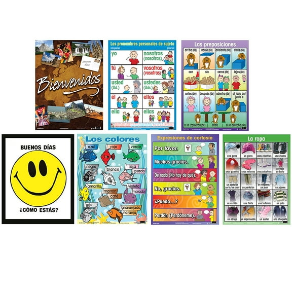 Poster Pals Spanish Educational & Language Teaching basic Posters, large colorful charts, classroom reference and instruction, 7 pack