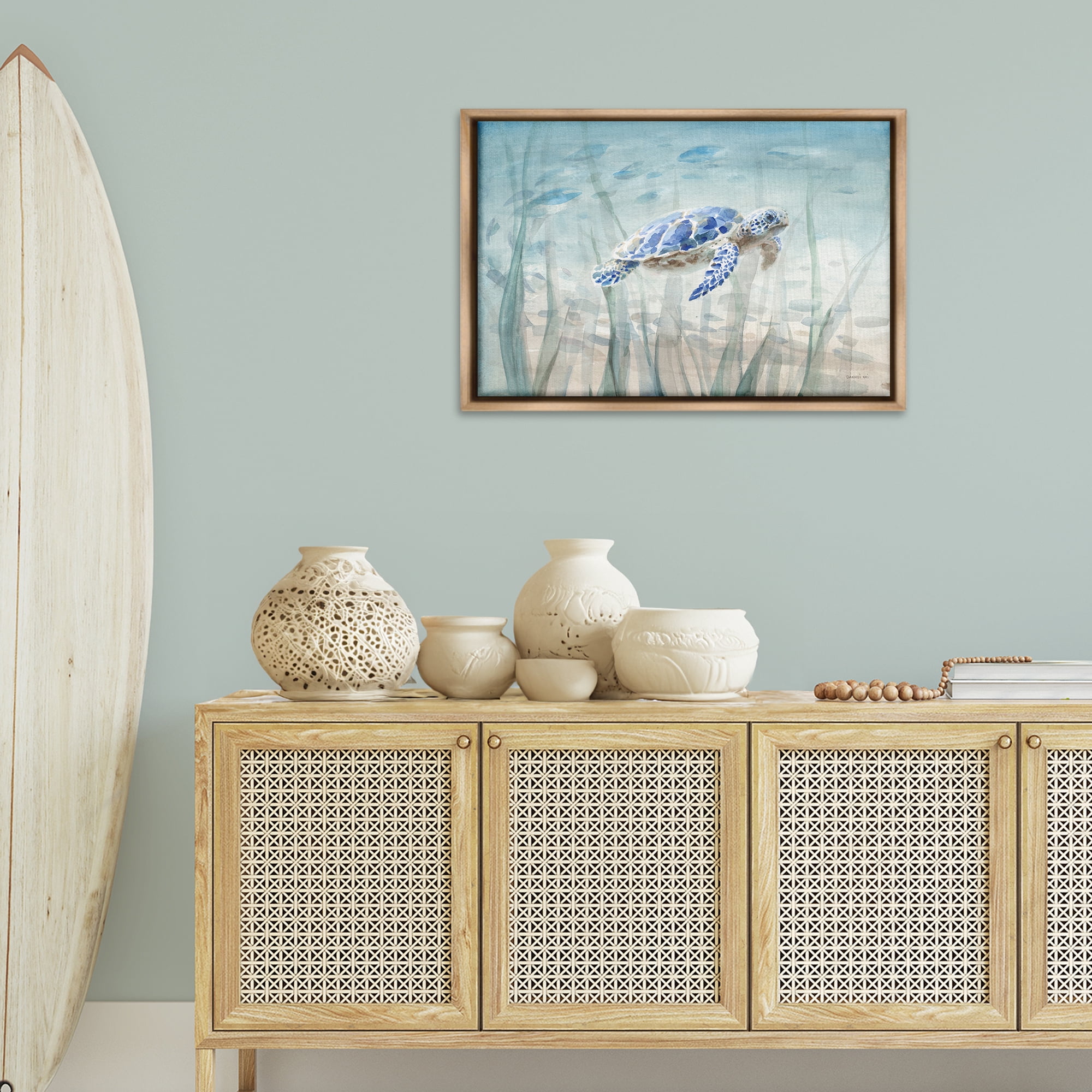 Stupell Industries Undersea Turtle Swim Animals Painting Brown Floater Framed Canvas Art Print Wall Art, 31 x 21